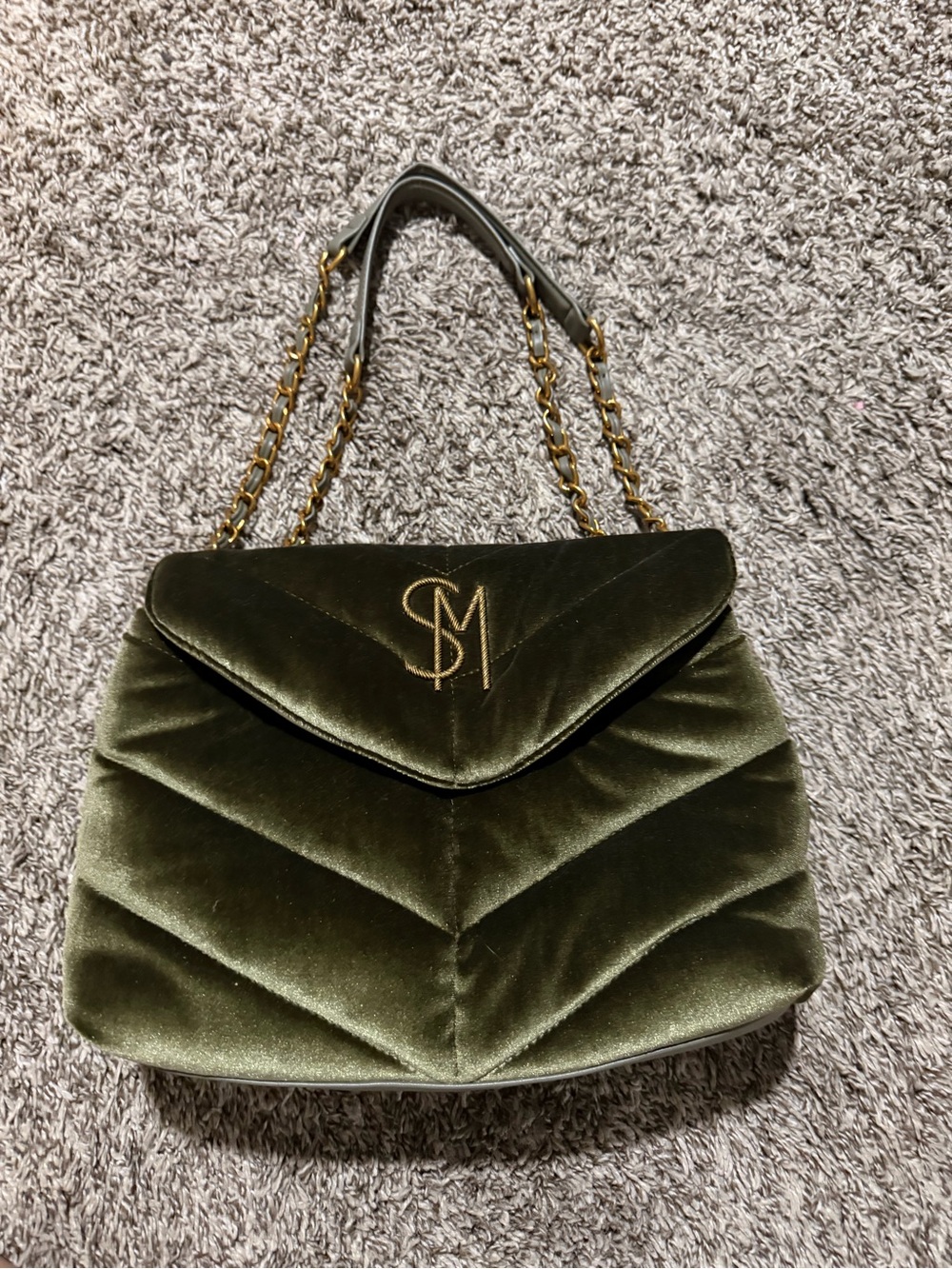 Steve Madden Olive Green Velvet Chevron Shoulder Bag with Gold Chain